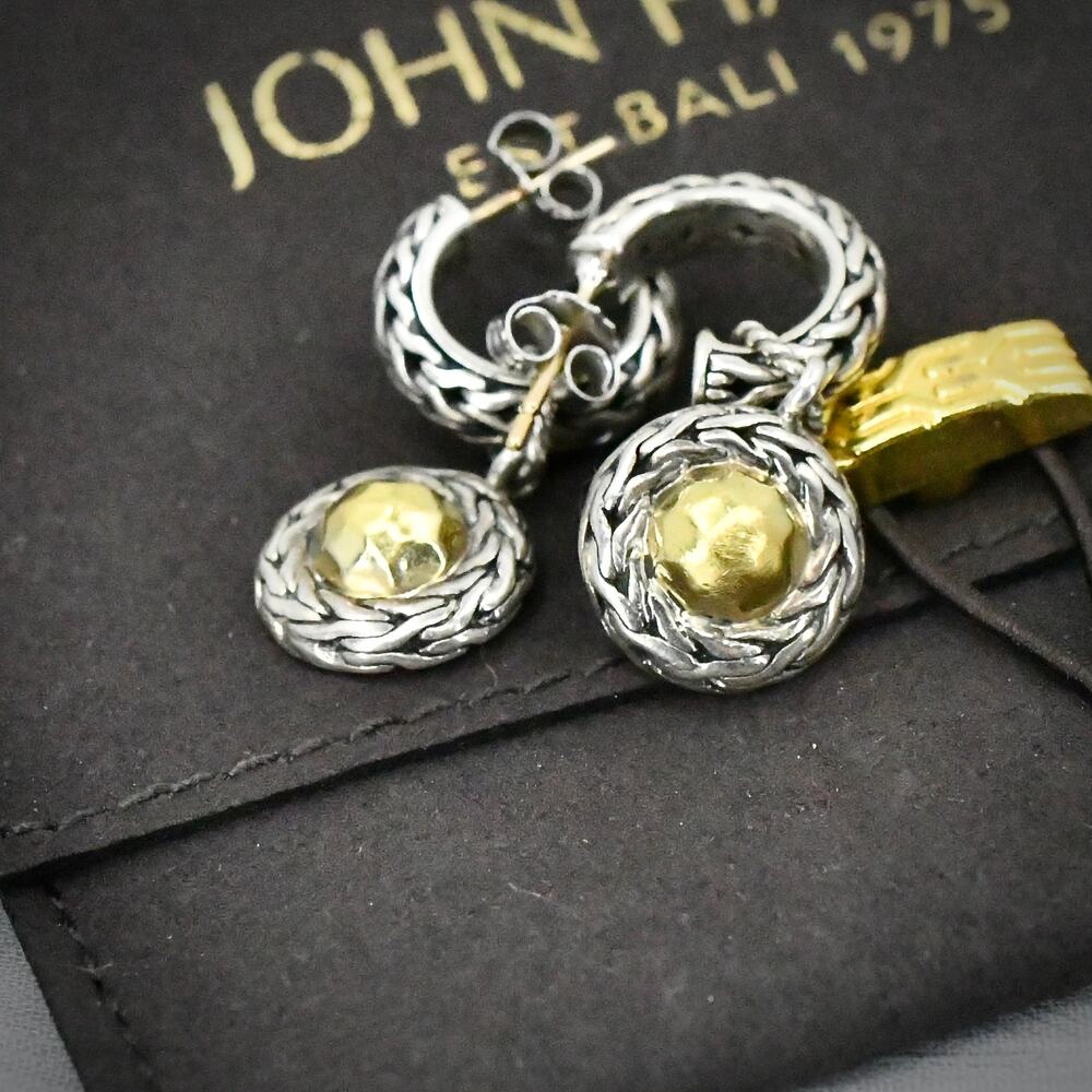 John Hardy 22K Gold 925 Sterling Silver 1" Drop Earrings 18K Posts 8.8g w/ Pouch